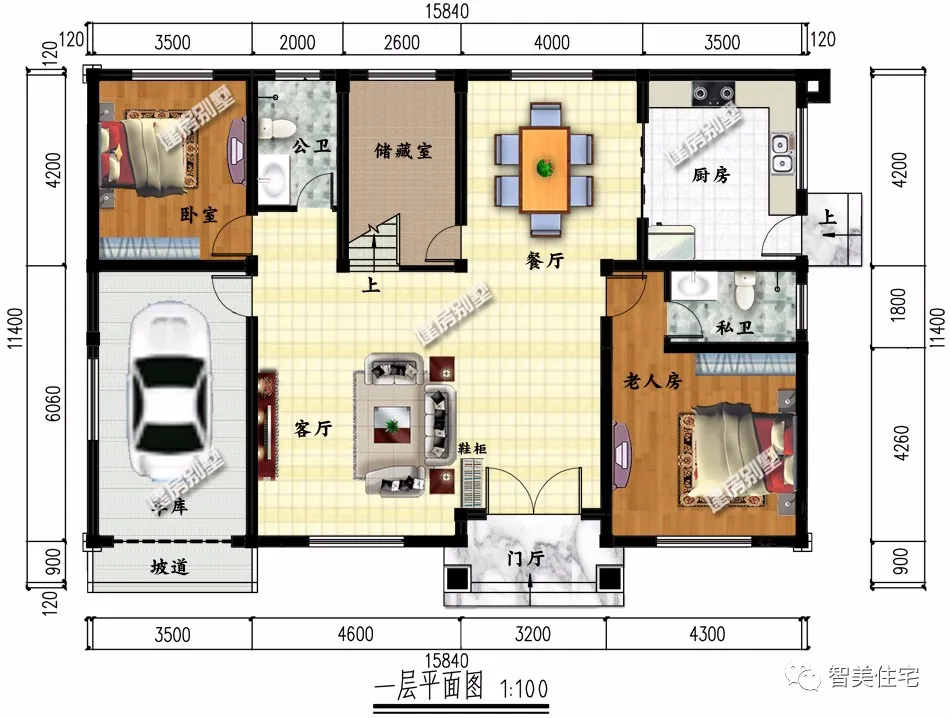 ##2栋带车库设计的农村别墅,第一栋厨房单独建,进深尺寸小