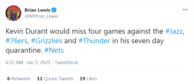 籃網隊|杜蘭特將被隔離7天！籃網近5戰4負雪上加霜，名記：開局不能更糟