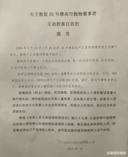 安徽海豚播报|高空抛物伤人，物业通告全楼测DNA肇事者承担费用，吓出了肇事者