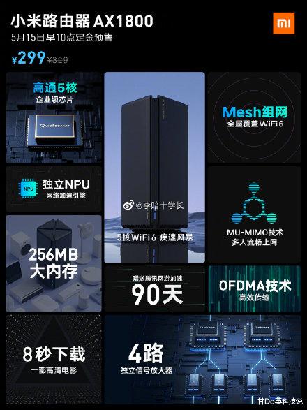 『路由器』小米Wi-Fi 6路由器AX1800今日正式发布！预售价299元香吗？