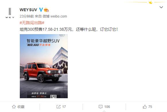 SUV|17.58万起！WEY坦克300预售价公布：中国年轻人的“牧马人”