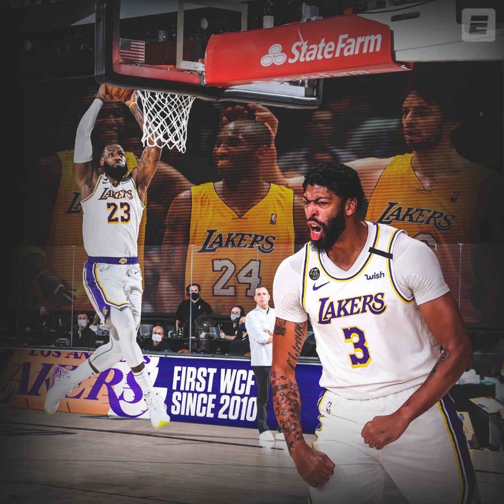 湖人队|老詹紧抱大胡子！湖人4-1晋级后，詹皇熊抱浓眉咧嘴大笑并一起离场