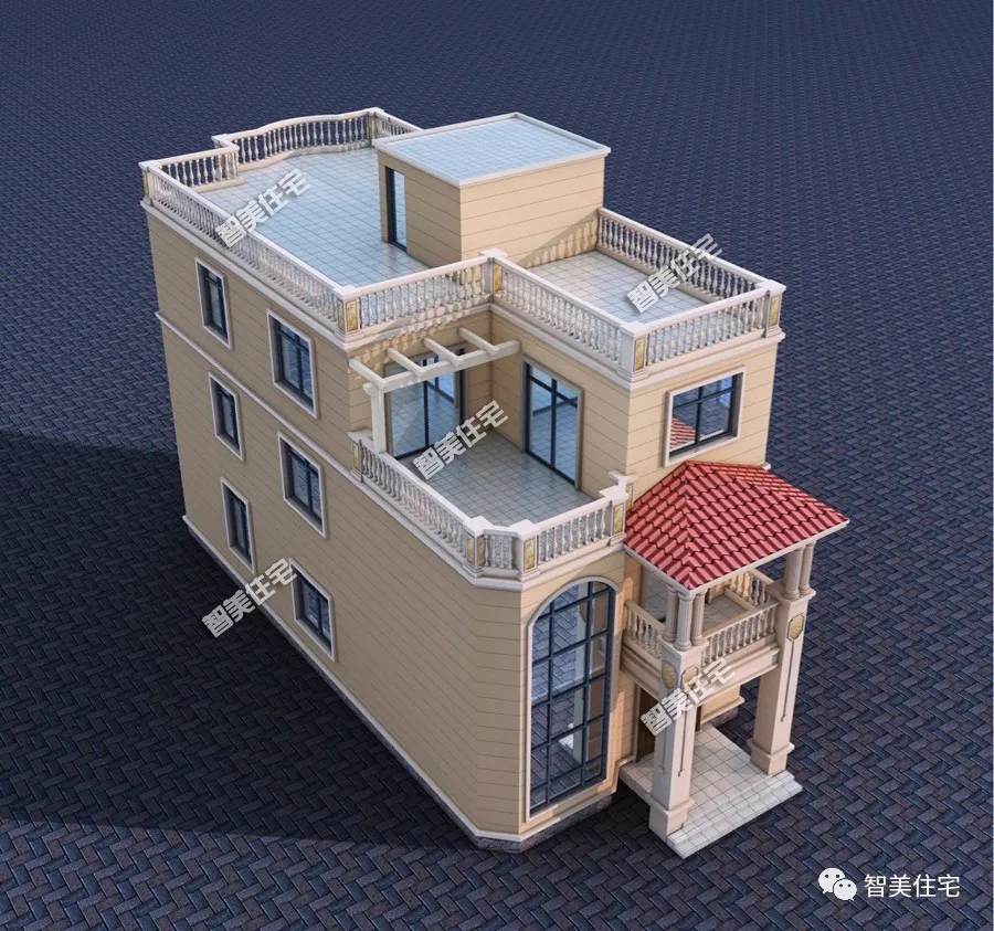 |面宽小进深大的两栋农村别墅，挑空客厅+平屋面，外观风格很相似