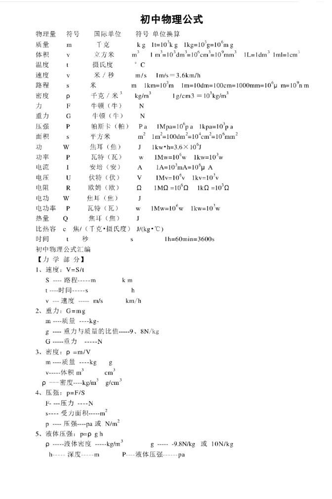「物理」干货——初中物理公式大全