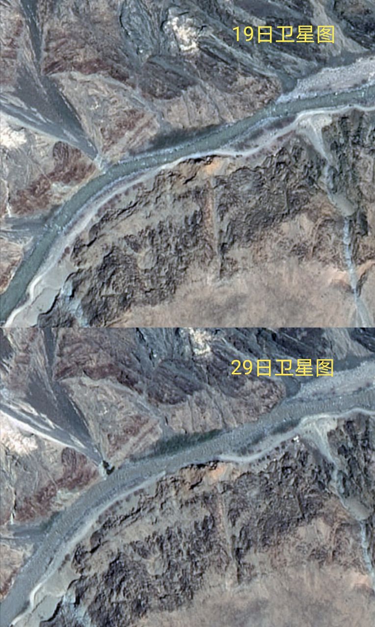 『沙特阿拉伯』最新卫星图显示，加勒万河突然涨水冲毁道路，驻扎河滩的印军受困