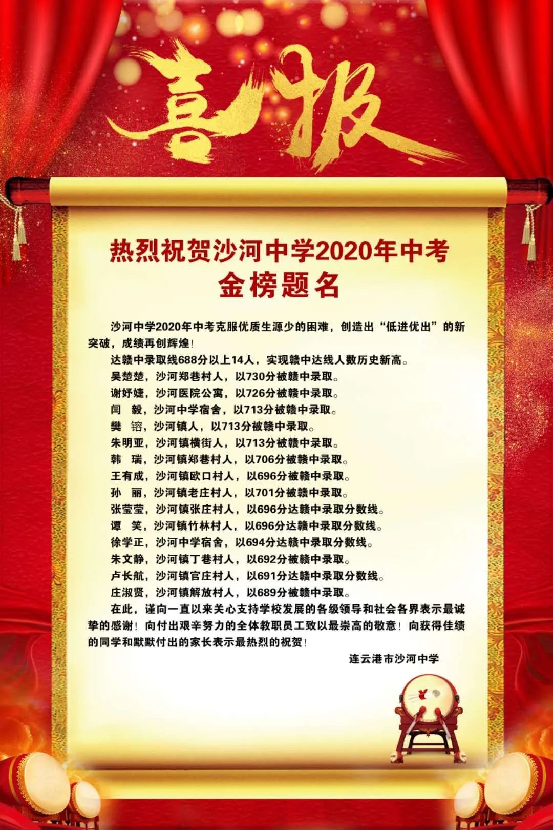 中学|2020年连云港赣榆中考喜报首发,公立稳步崛起,私立优势减弱