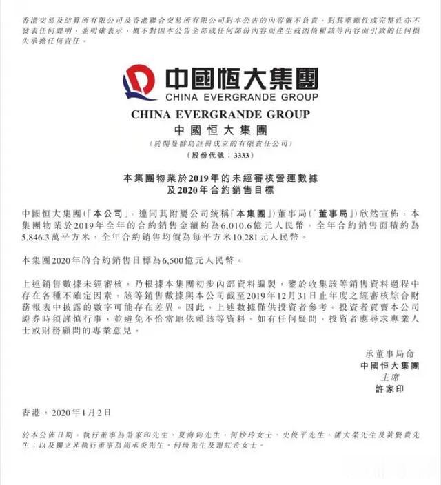恒大全年销售6010.6亿再攀新高