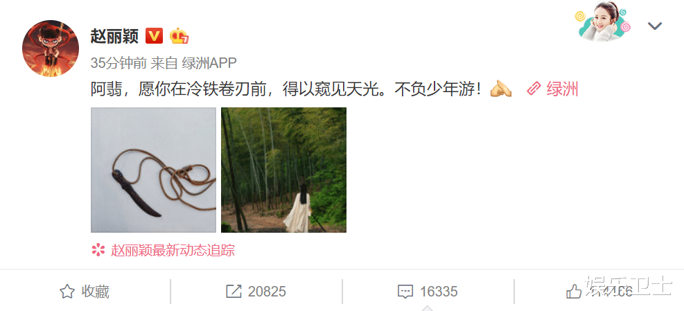 杀青■《有翡》杀青，赵丽颖晒长刀挂件及背影剧照，与王一博背影照似映射结局