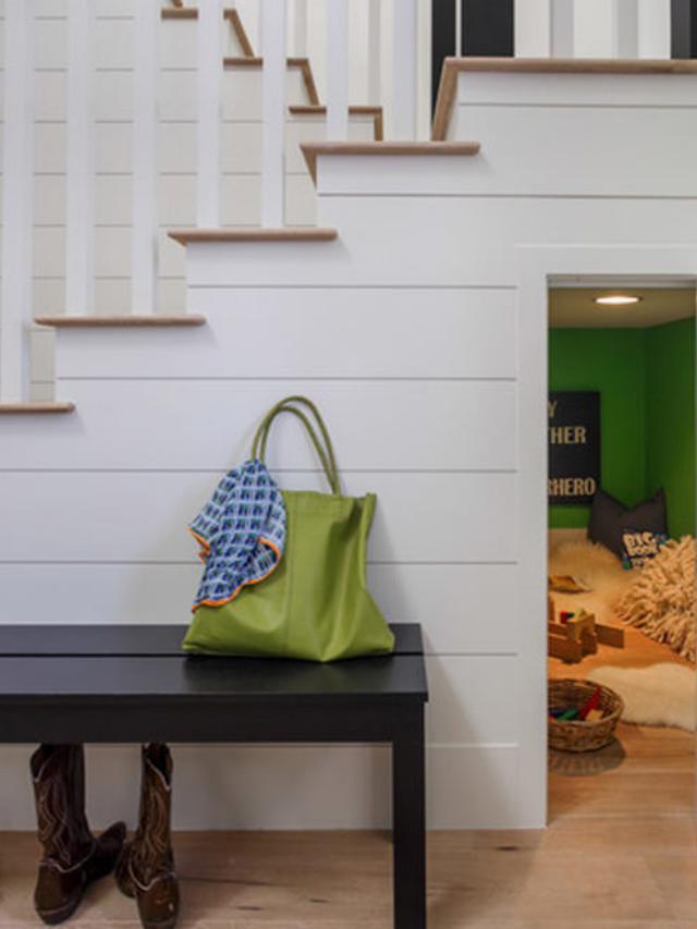 【】楼梯下面的空间不仅能打柜子，还能设计成孩子的小密室，太有趣了