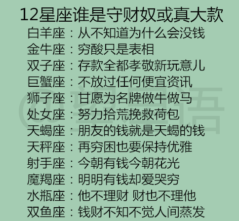 [星座男]12星座谁是守财奴或真大款，十二星座腹黑段位排行榜