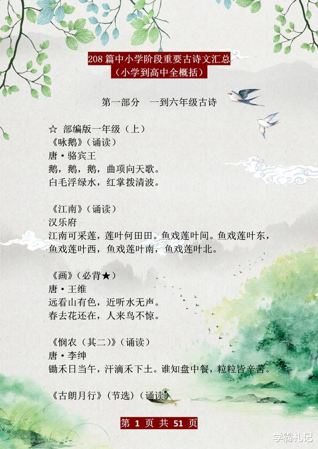 『中小学』语文老师：中小学核心古诗集（208首）！不出3月，腹有诗书气自华
