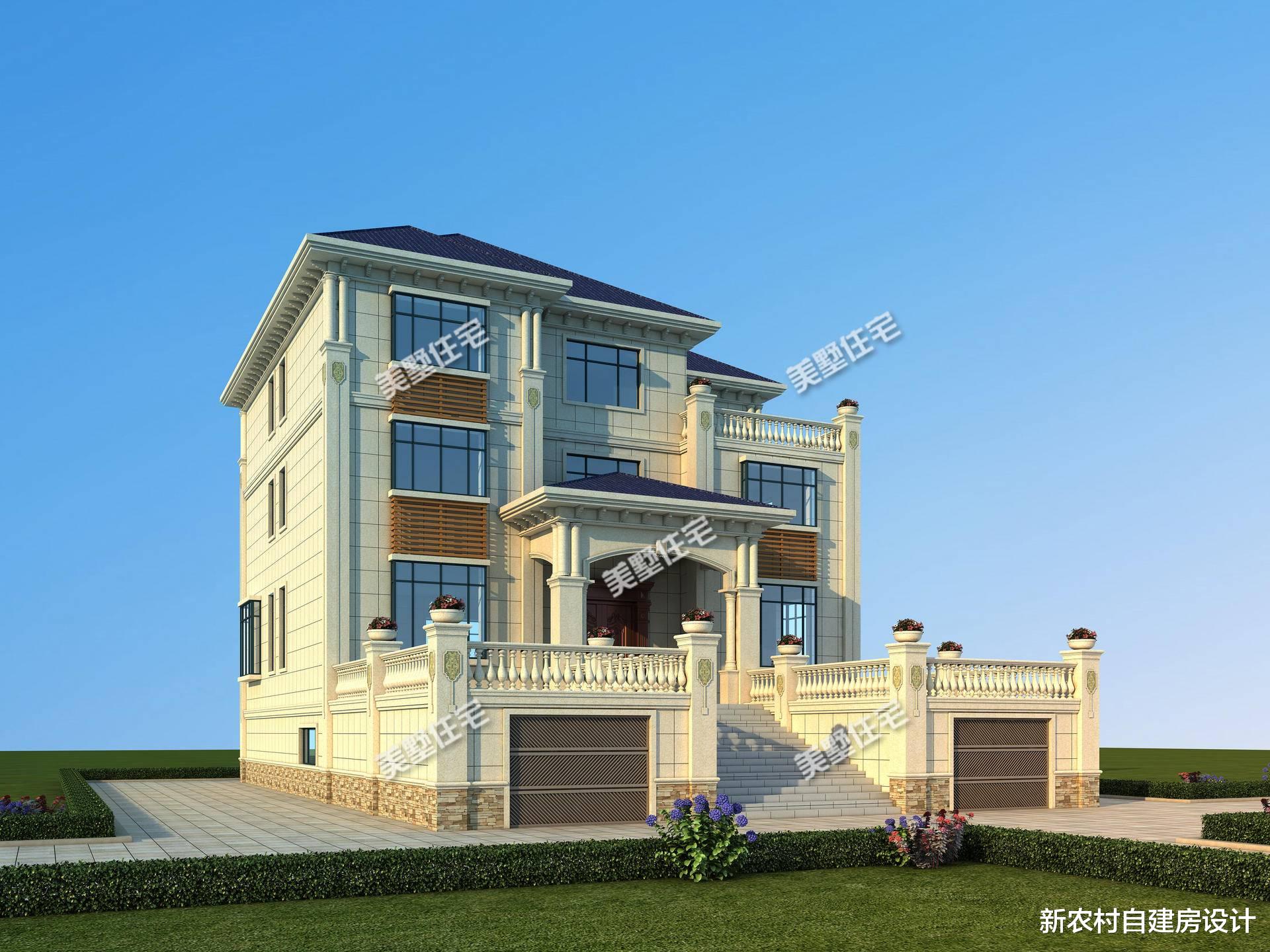 ▲带双车库的三层别墅，入户口有楼梯和大露台，村里人都爱来这坐坐