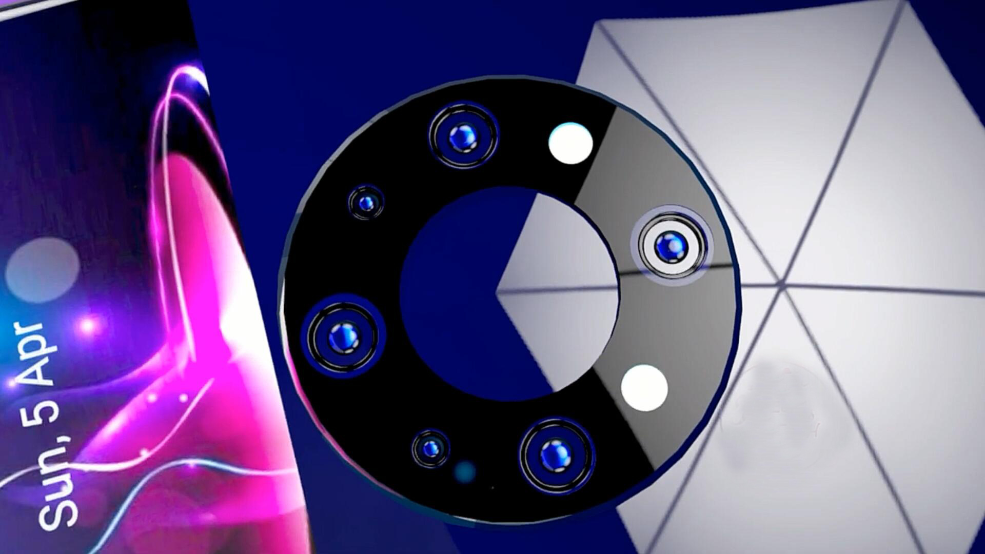 瀑布屏|华为Mate40Pro概念图：瀑布屏覆盖一半机身后盖，另一半是6镜头