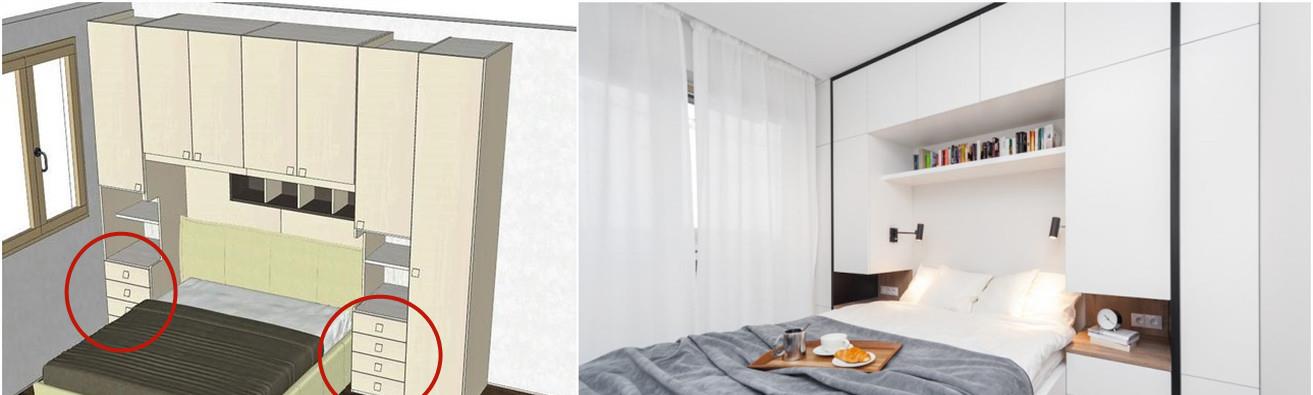|床头靠墙打一圈柜子，储物空间瞬间多5平，两侧掏空床头柜也有了