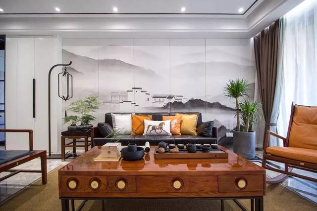 「」130㎡新中式三房典雅大气收纳好,尤其是大理石电视墙壁龛收纳