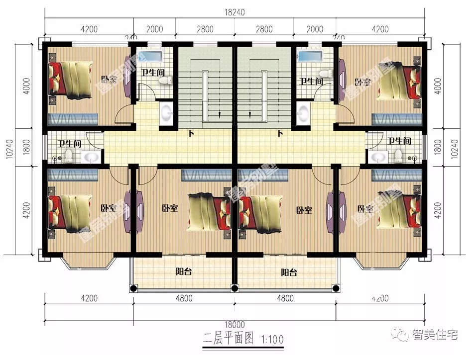 |两栋造型简单，平屋顶设计的双拼别墅，南北方农村都可建