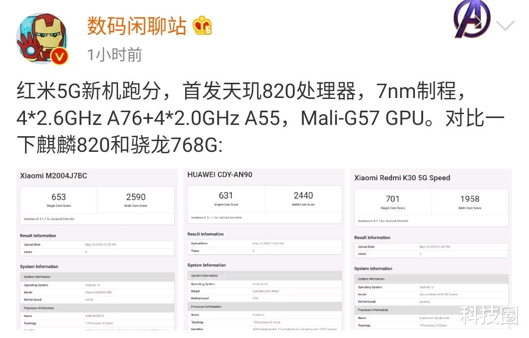 「跑分」怪不得卢伟冰很惊讶,麒麟820首个跑分出炉反超麒麟820
