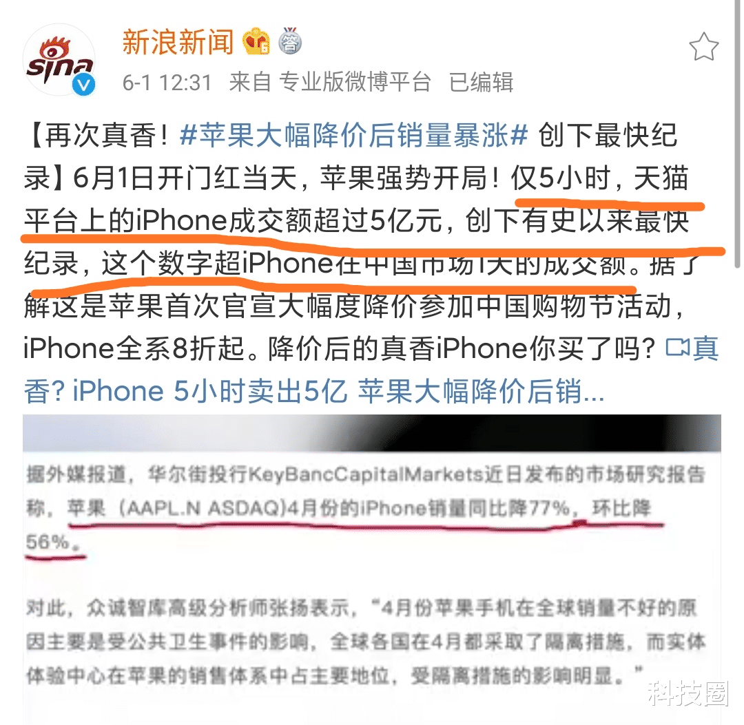 苹果@为了华为不买苹果？苹果降价后再次真香5小时创记录卖爆了