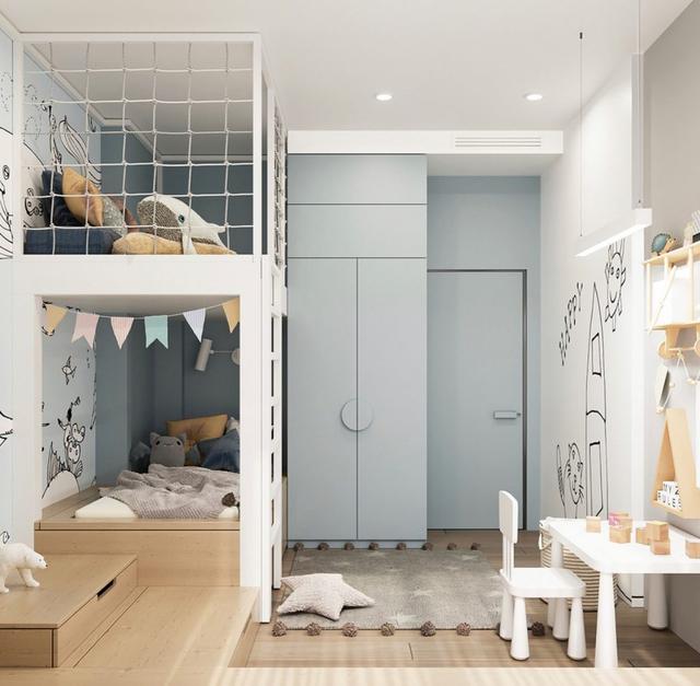 儿童床装上下铺，把小木屋搬上去当防护栏，颜值高不说还安全！