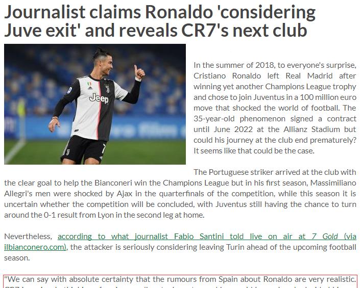 C罗■C罗准备离开尤文？意大利名记曝光尤文球王下家：欧洲第一土豪