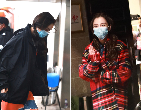 Angelababy@杨颖复工上下班私服,橙色裤配马丁靴,3岁娃妈梳双马尾太嫩了