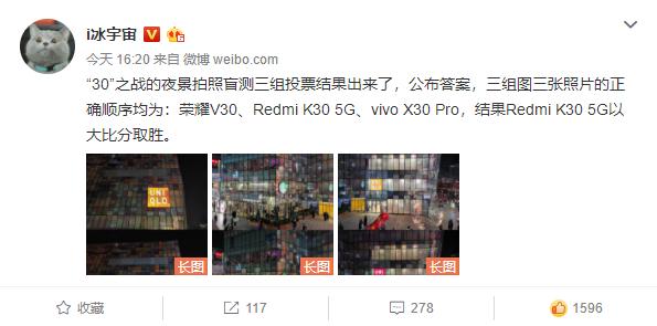 夜景拍照盲测结果公布！Redmi K30 5G大获全胜，荣耀V30偏色严重