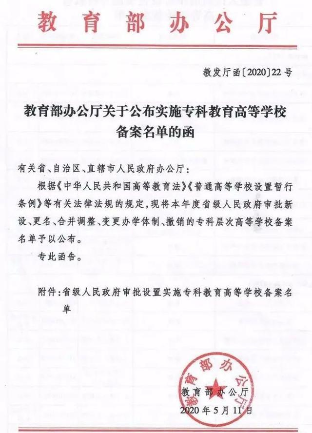 「高校」新设56所高校！教育部下发2020年度专科高校备案名单！