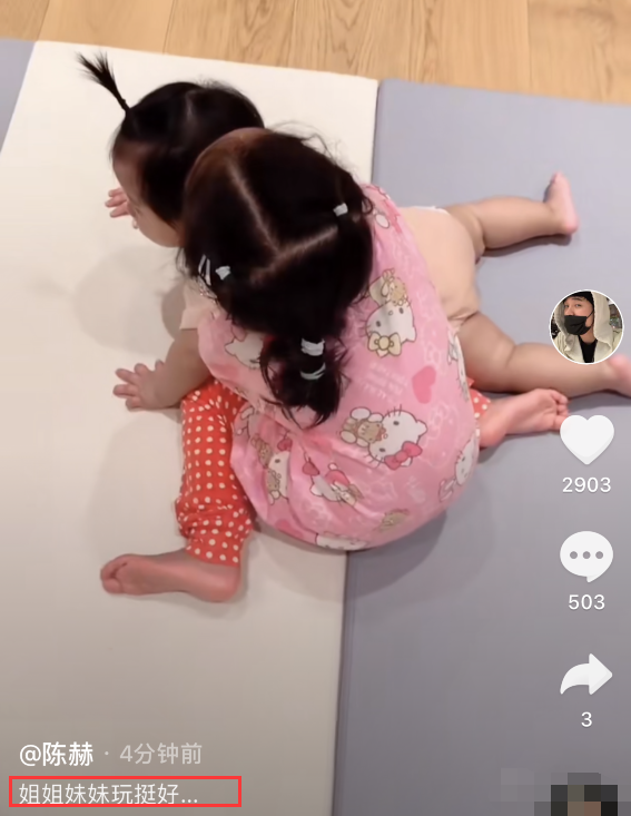 陳赫曬兩女兒互動視頻，安安陪妹妹學爬畫風有愛，介紹自己是姐姐-圖6