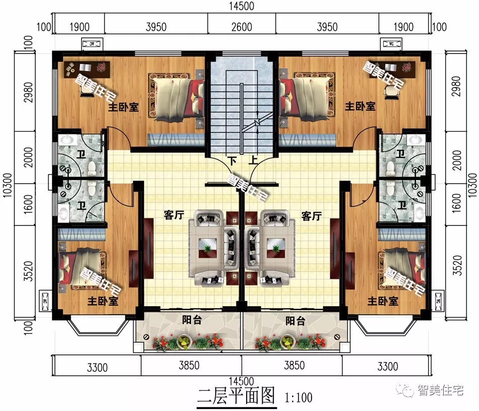 |两栋造型简单，平屋顶设计的双拼别墅，南北方农村都可建