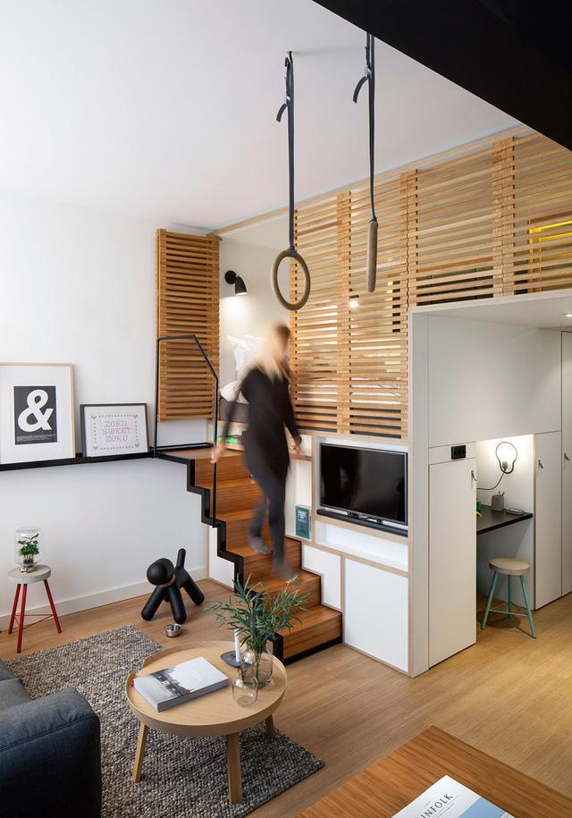 []35㎡小户型装修，楼梯、电视墙一并嵌入式设计，住出了大房的效果