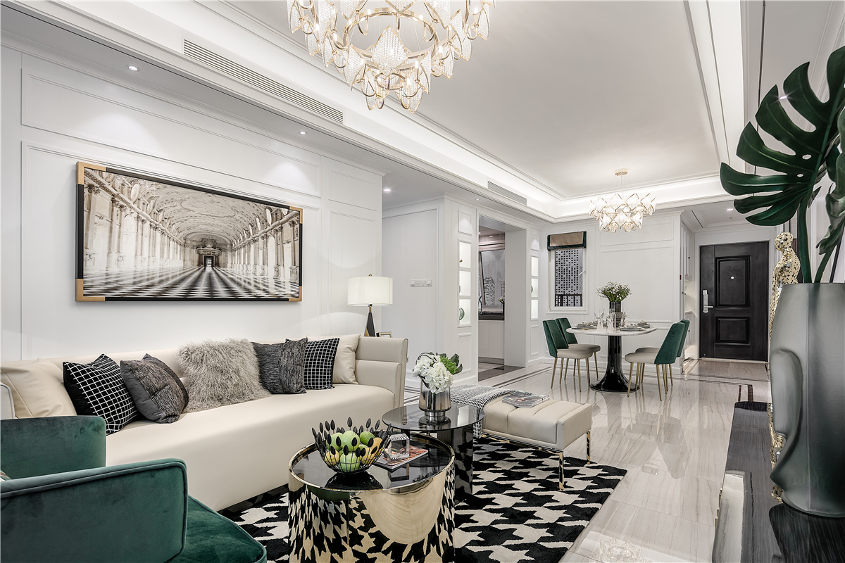 【】119平新房，全屋以白色为主基调，再用墨绿色装扮，贵气十足