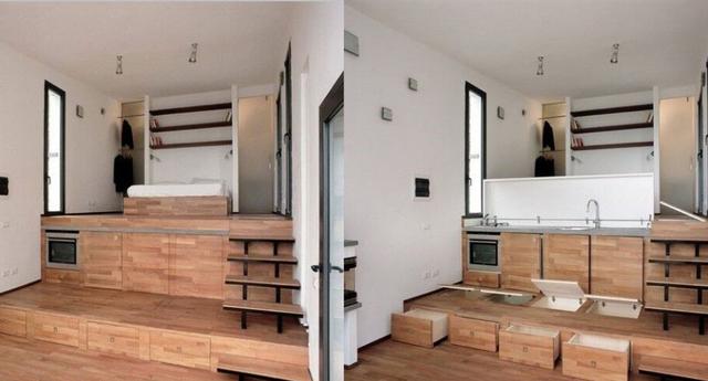 |厨房台面加宽变成床，铺个床垫就能睡觉，这小户型可真会省空间！