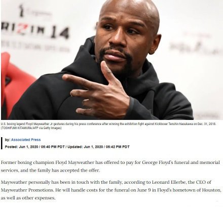 梅威瑟:黑人弗洛伊德葬礼6月9日举行,拳王梅威瑟支付全部丧葬费