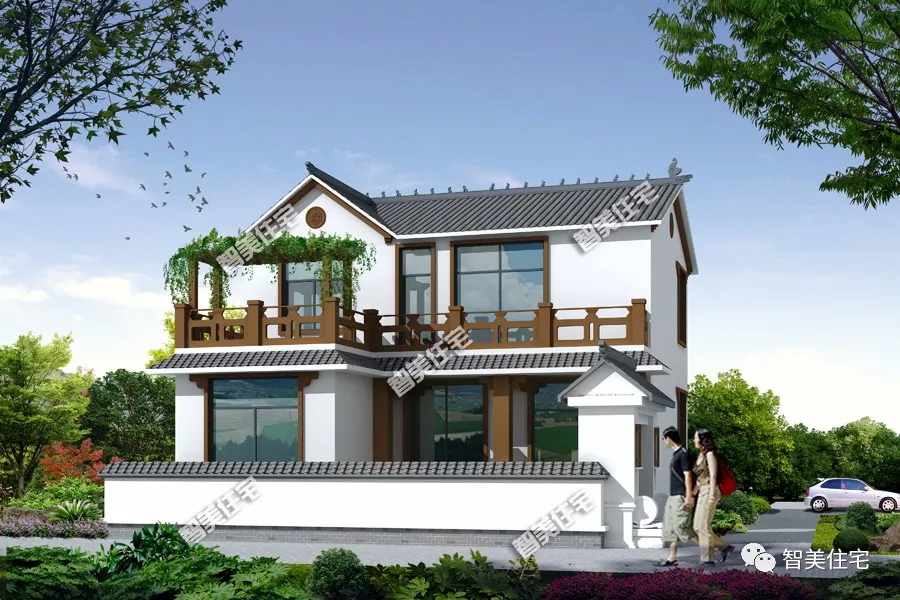 「」带庭院设计的两栋别墅，中西式风格，都带传统土灶