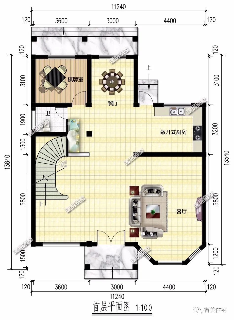 ▲2栋带八角窗设计的农村别墅，内配弧形楼梯，造型精致布局大气
