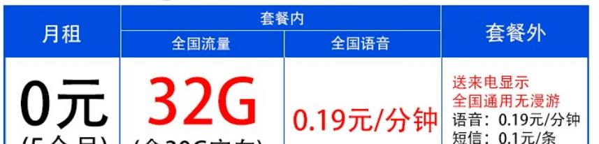 [中国移动]中国移动低月租套餐：32GB流量+1元1GB，0元先用5个月