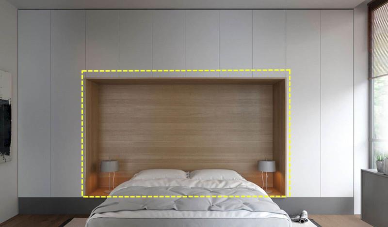 |床头靠墙打一圈柜子，储物空间瞬间多5平，两侧掏空床头柜也有了