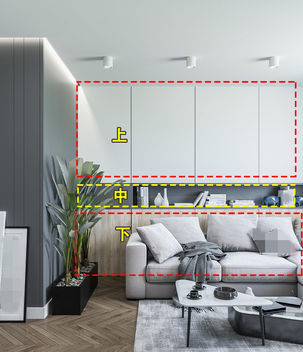 []客厅沙发不靠墙，留出25公分打个上下柜，连打柜子的师傅都点赞！