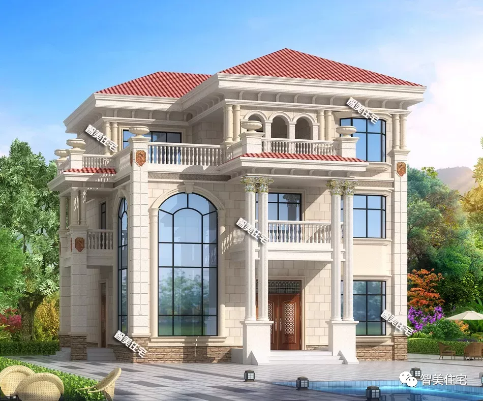 []两栋很气派的农村欧式别墅，客厅挑空设计，外观造型很相似