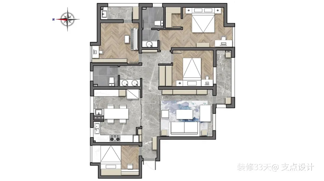 【蓝调】装修设计：餐厨合一，配色耐看，160平蓝调简美四室