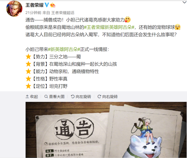 『打野』王者荣耀：官方公布新英雄阿古朵，坐骑球球引热议，首位打野型坦克来了！