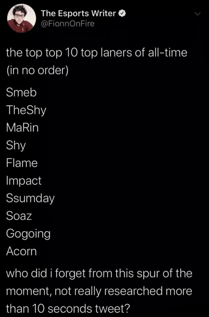 []ESPN公布LOL历届十强上单，Gogoing成功上榜，金贡毫无牌面