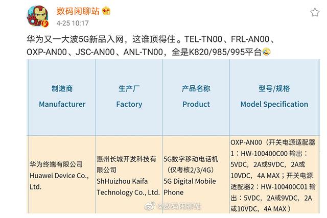 【华为】三大旗舰亮相只是前奏？华为又一波5G手机入网，配置全都不错