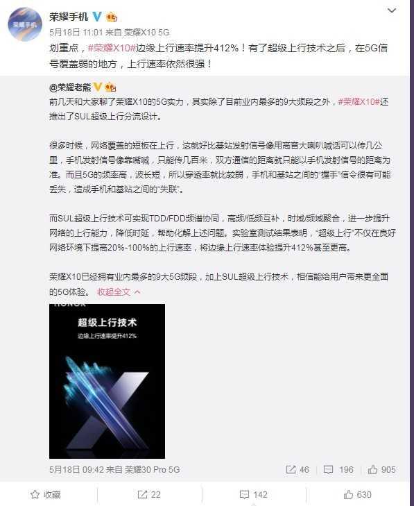 『荣耀』荣耀X10带来SUL超级上行技术，速率提升高达412%