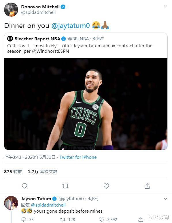 [奥黛丽·塔图]曝塔图姆将获2.18亿美金顶薪！好友米切尔：赶紧请客，獭兔：你得先请