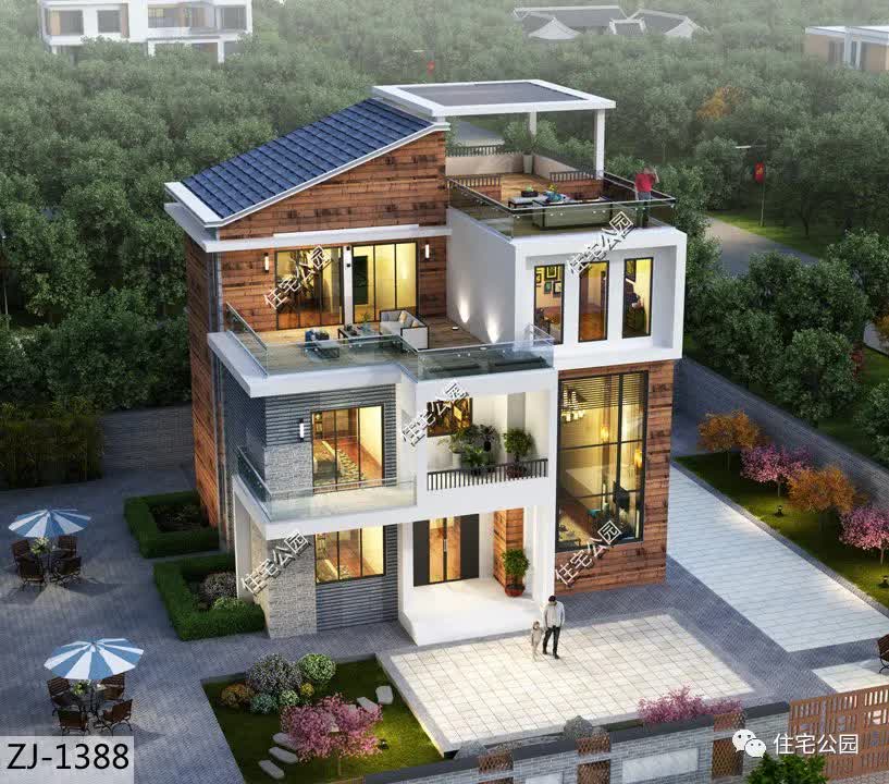 |12×11米现代风三层别墅，挑空客厅、屋顶凉亭全都有