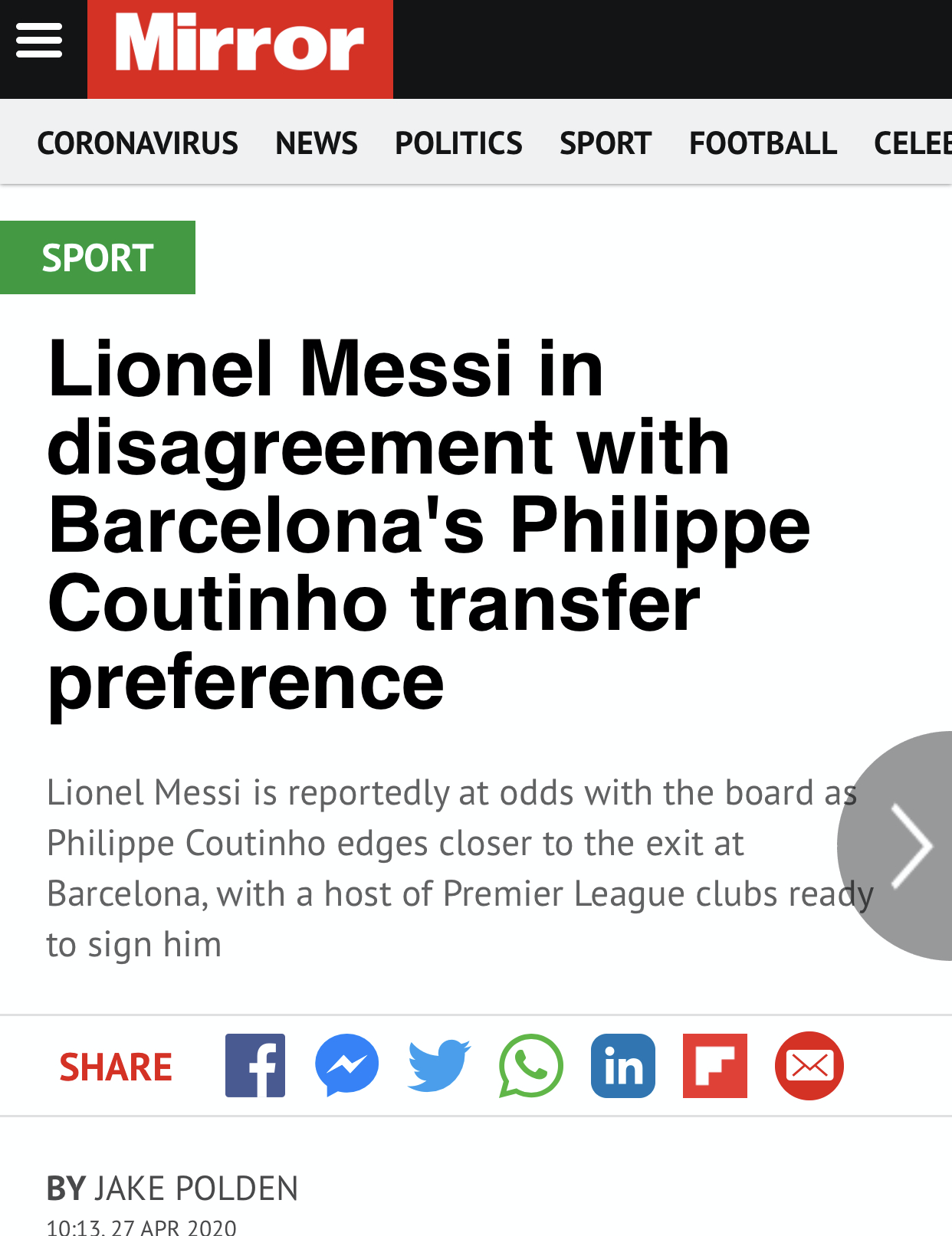 #巴塞罗那#梅西与巴萨高层再现分歧!他希望离队的是登贝莱,而非库蒂尼奥