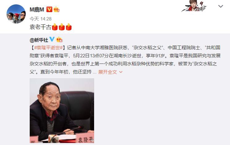 杨幂|袁隆平去世！肖战、王一博、龚俊、张哲瀚、朱一龙等明星发文悼念