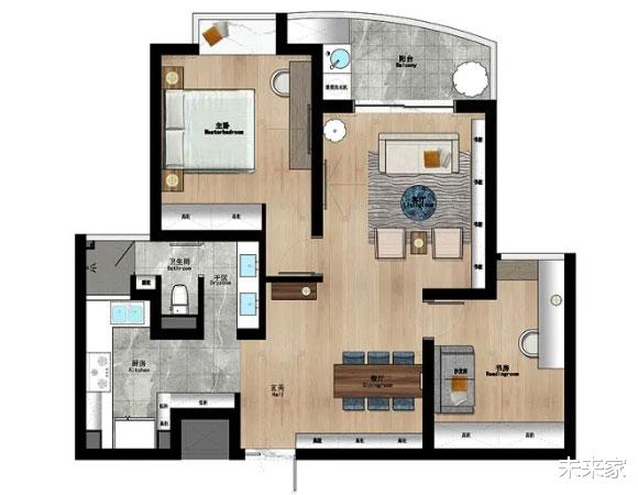 |客厅书柜装满墙，沙发背靠阳台，这套设计简洁的两房真少见！