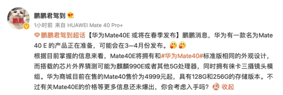 主人公 还有芯片?华为Mate 40E曝光:搭载麒麟990E